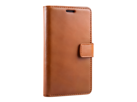 Brown leather flip phone case isolated on transparent background