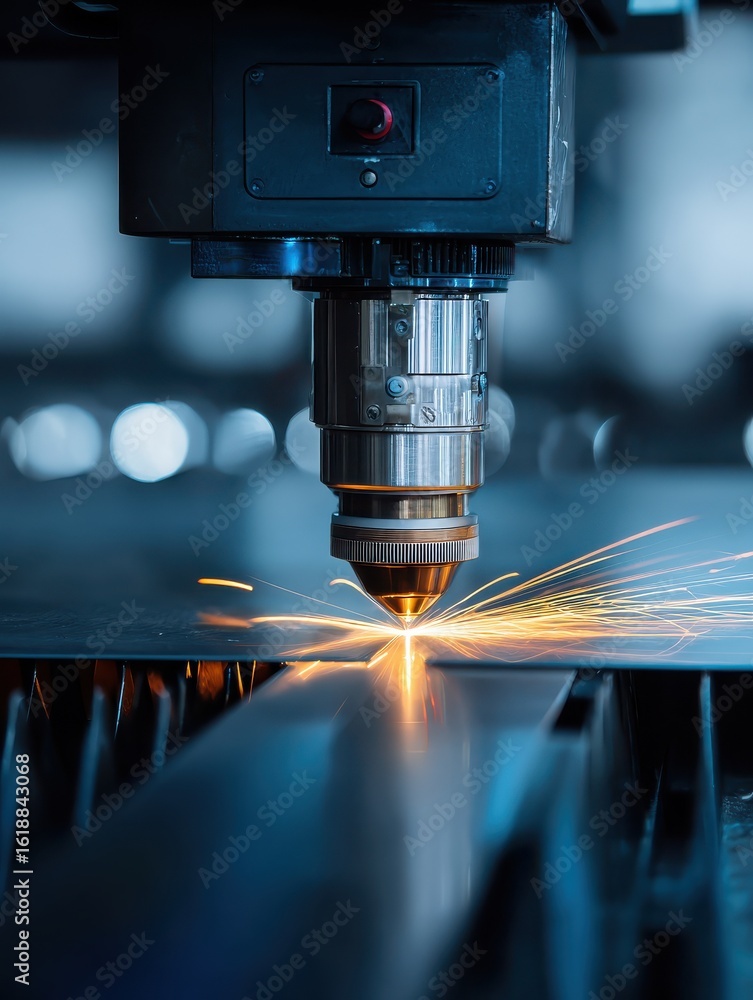 Aufkleber ultra quality image of automated industrial laser cutting precision sheet metal with sparks in moder