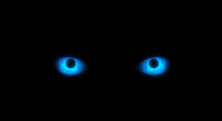 Glowing blue eyes in the dark spooky mystery concept for halloween and scary night scenes design element on dark background