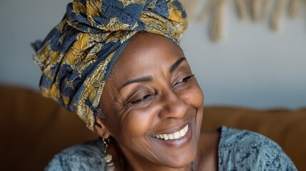 Beautiful mature black woman with african turban relaxing at home. Cheerful middle aged black woman in casual clothing with traditional headscarf at home laughing. African american lady smiling., no 