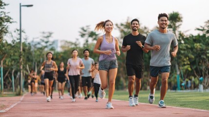Obraz premium Healthy group of people jogging on track in park. Happy couple enjoying friend time at jogging park while running. Mature friends running together outdoor., no logos, no brands
