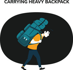 Cartoon Character of a Man Carrying a Heavy Backpack, Illustrating Burden, Effort