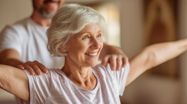 Happy senior woman doing exercise at home with physiotherapist. Old retired lady doing stretching arms at home with the help of a personal trainer during a rehabilitation session., no logos, no brand