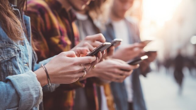 Group of friends having fun together with smartphones - Closeup of hands social networking with mobile cellphones - Technology and phone addiction concept - Soft focus on the left bottom hand, no log