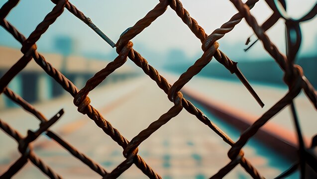 Security Mesh: Rusty Chain Link Fence with Blurred Industrial Background
 - Powered by Adobe