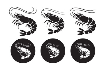 Black and White Shrimp Vector Icons Set. Stylized Seafood Silhouettes with Circular Backgrounds. Victor illustration eps10