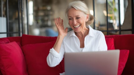Happy mature older woman video calling on laptop working from home. Smiling 60s middle aged businesswoman talking by conference online virtual chat using computer at home office sitting on couch., no