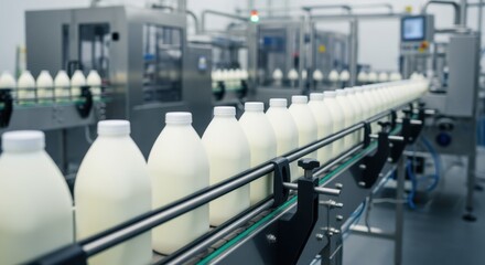 Obraz premium Industrial beverage packaging multiple milk containers transported on stainless steel conveyor in clean environment.