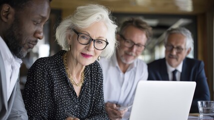 Fototapeta premium Mature older ceo businesswoman mentor in glasses negotiating growth business plan with diverse executive managers at boardroom meeting table using laptop. Multicultural team work together in office.,