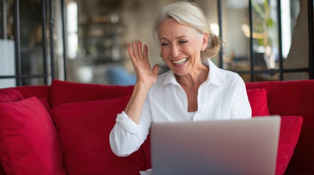 Happy mature older woman video calling on laptop working from home. Smiling 60s middle aged businesswoman talking by conference online virtual chat using computer at home office sitting on couch., no