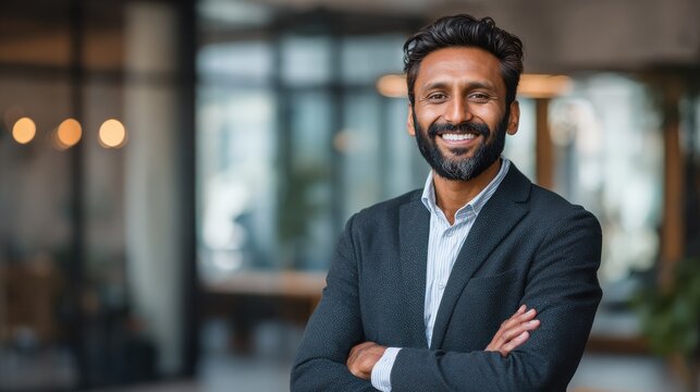 Smiling happy successful ceo financial manager confident bearded indian businessman looking at camera standing with arms crossed. Handsome classy corporation owner. Vertical business portrait., no lo