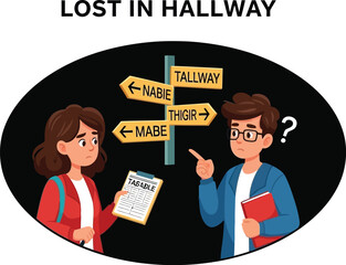Confused Students Featuring Directional Signs Indicating Different Locations in a Hallway, Expressing Uncertainty and the Challenge of Navigating a New Environment
