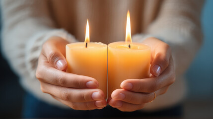 Two hands holding lit candles, burning from both ends, create warm and serene atmosphere