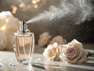 A luxurious perfume bottle sprays a fine mist, surrounded by delicate roses, evoking a sense of elegance and floral fragrance