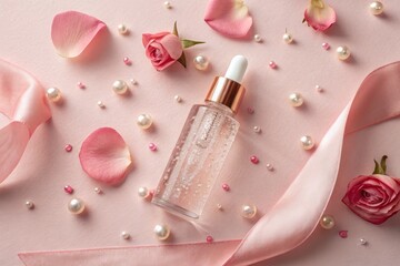 glass dropper bottle of facial serum on pastel pink background with frosted glass and rose gold cap, surrounded by rose petals, pearl beads, and a silk ribbon under soft lighting