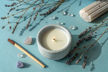 vegan candle in ceramic holder on pastel blue background with small crystals, matchstick with burned tip, and dried herbs, soft moody lighting with gentle gradients in shadow