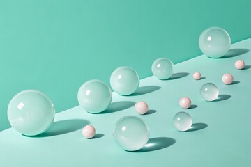Abstract pastel composition on a light mint background. Floating translucent spheres of different sizes are arranged in a balanced diagonal composition