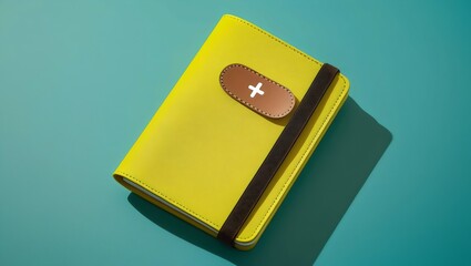 Colorful Productivity: Bright Yellow Notebook with Brown Strap and White Cross Mark
