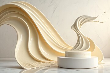 flowing curved shape in melted plastic/wax-like material, light cream backdrop