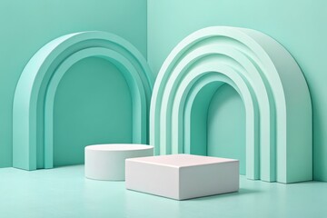 Abstract harmony on a pastel mint surface, soft-edged cube, playful yet refined background