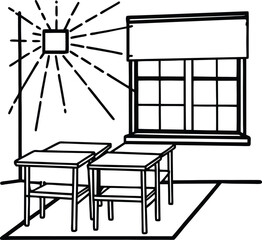 classroom with teachers desk windows and sunlight