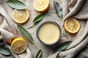 round tin of solid perfume on raw cotton fabric backdrop, dried citrus slices and sage leaves tied with hemp twine