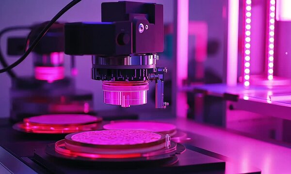 Pink objects processed by robotic machine in laboratory