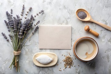 serene wellness flat lay with stone surface, calm off-white background