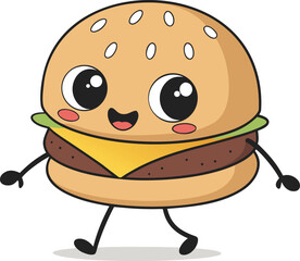 Cute kawaii cartoon hamburger character with big eyes and legs walking happily isolated on white background