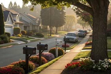 A peaceful morning scene in a suburban neighborhood with mailboxes, manicured lawns, and houses bathed in soft sunlight