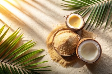 coconut shell bowl with brown sugar scrub on light sand-colored surface, soft golden sunlight with warm tones
