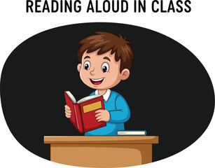 Cheerful Boy Reading a Book Aloud in Class, Engaging with Literature, and Developing Literacy Skills in an Educational Setting