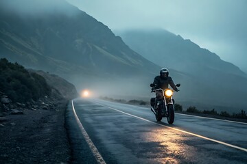 A lone motorcyclist rides on a wet road through foggy mountains, capturing a sense of adventure and freedom