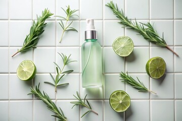matte glass spray bottle in mint green on glossy white tile with water droplets, next to small sprig of rosemary and sliced lime, shot from above under high-key lighting, crisp and refreshing aestheti
