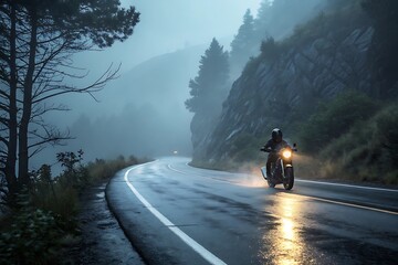 A motorcyclist rides through a misty mountain road, illuminated by headlights in the foggy weather