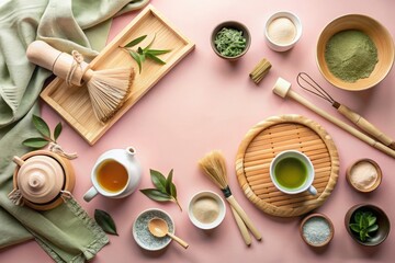 artisanal tea tools and ingredients on soft pink background, soft green and pale blush accents