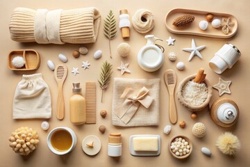 flat lay composition of baby care products arranged symmetrically on cream background, warm beige and brown hues
