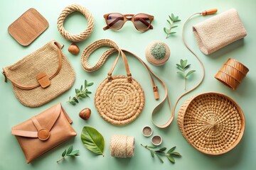flat lay of sustainable fashion accessories on light mint background, warm earthy tones with soft textures