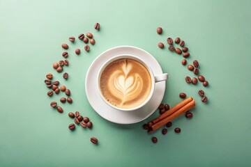 ceramic coffee cup on soft pastel mint background, surrounded by scattered coffee beans, small cinnamon stick, and delicate steam lines