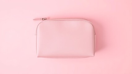 Pink cosmetic bag on soft pink background, flat lay with ample copy space.