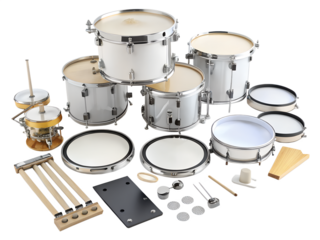 A collection of drum set components and accessories isolated on transparent background