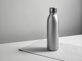 A sleek silver stainless steel water bottle sits on a white table against a neutral background, promoting hydration
