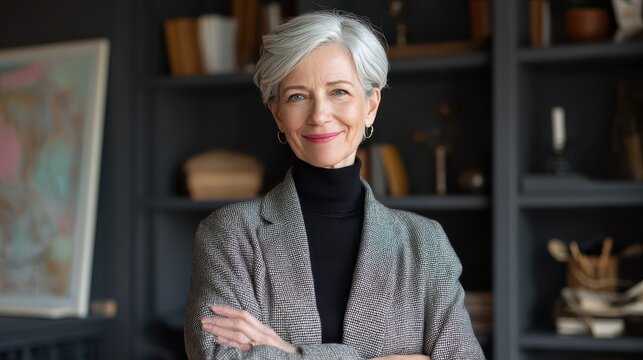 Smiling confident stylish mature middle aged woman standing at home office. Old senior businesswoman, 60s gray-haired lady executive business leader manager looking at camera arms crossed, portrait.,