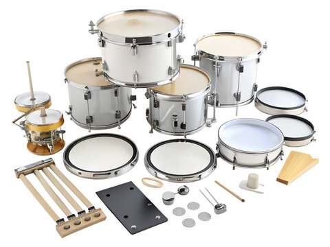 A collection of drum set components and accessories isolated on transparent background - Powered by Adobe