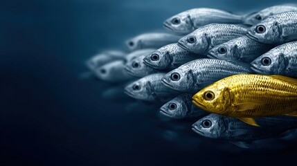 Unique Yellow Fish Swimming Among Silver Fish in Blue Water