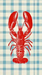 Minimalist poster with a red lobster on a checkered background. Perfect for postcards, kitchen decor or coastal-style prints
