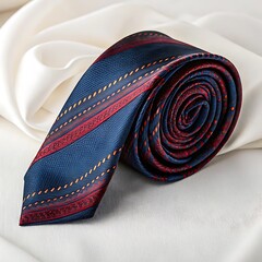 A stylish blue and red striped tie is elegantly coiled on a soft, white fabric, showcasing a blend of classic design and modern fashion