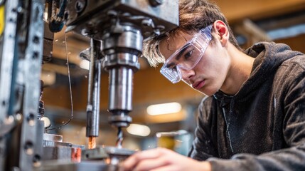 A side view of a serious student wearing safety glasses while using the drill machine in a vocational school, no logos, no brands