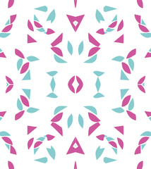Kaleidoscopic Abstract Pattern: Pink and Teal Geometric Shapes on White Background
