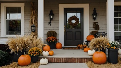 Autumn Front Porch Decor with Pumpkins and Wheat for Thanksgiving